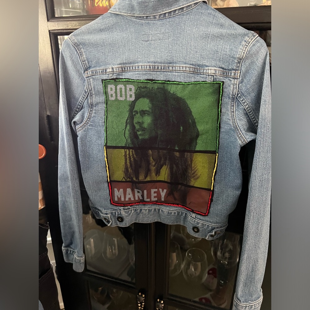 One of a Kind Upcycled Bob Marley denim jacket.